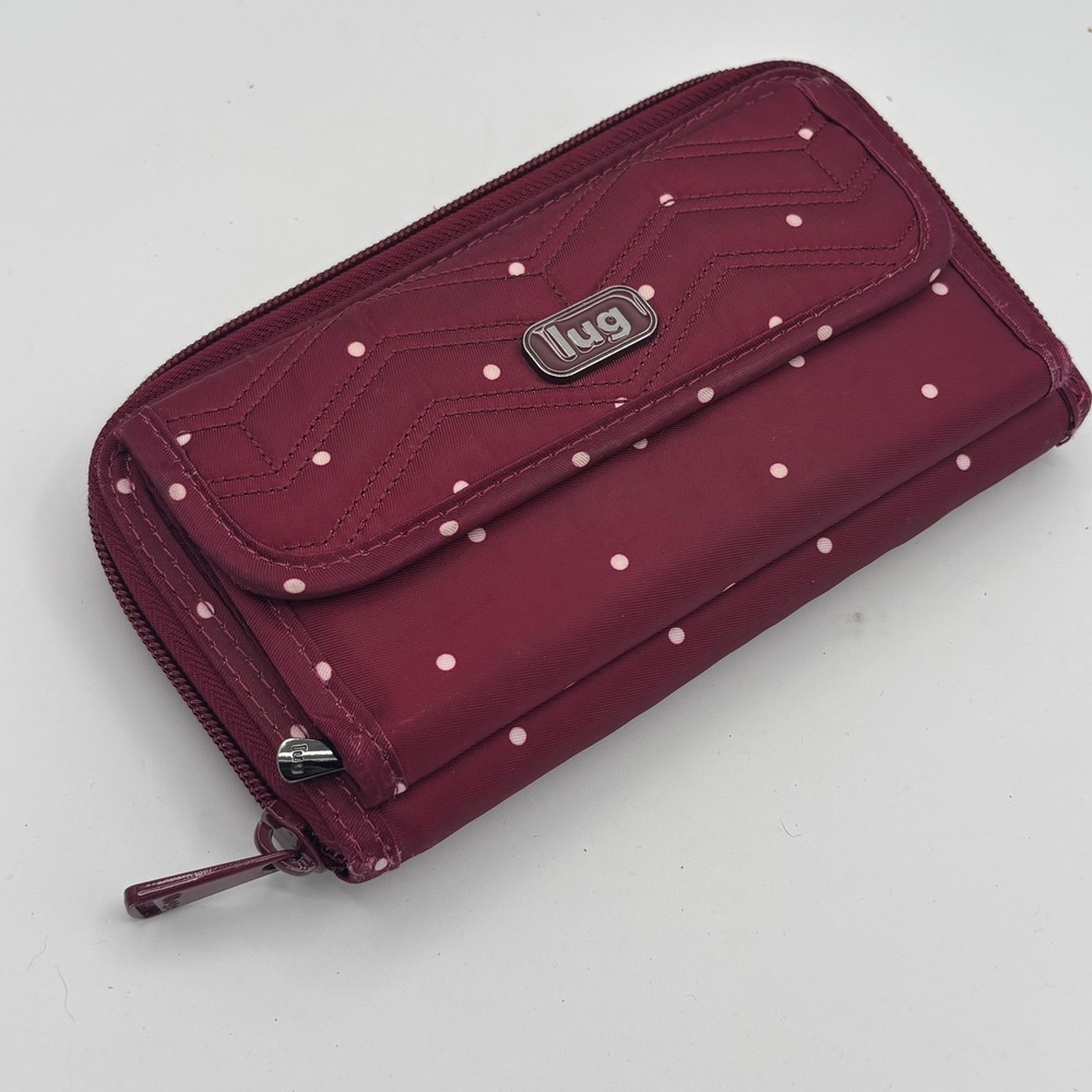 Lug Kickflip Wallet Womens Sz OS Burgundy Polka Dot RFID Travel Organizer